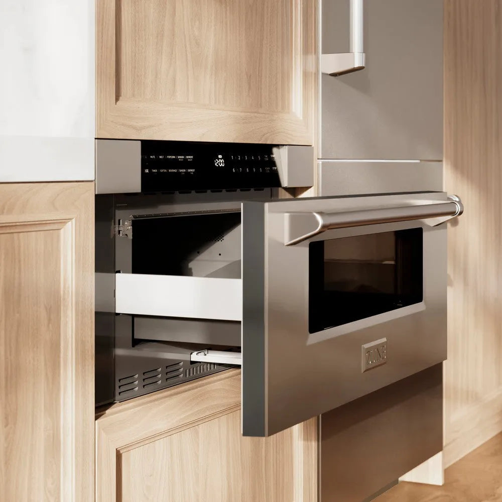 ZLINE 30 in. 1.2 cu. ft. Stainless Steel Built-In Microwave Drawer (MWD-30) integrated into wooden kitchen cabinets.