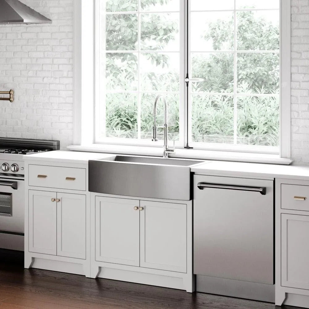 ZLINE Apollo Pull Down Spring Single Handle Kitchen Faucet in Chrome (APL-KF-CH) in a luxury rustic kitchen, front.