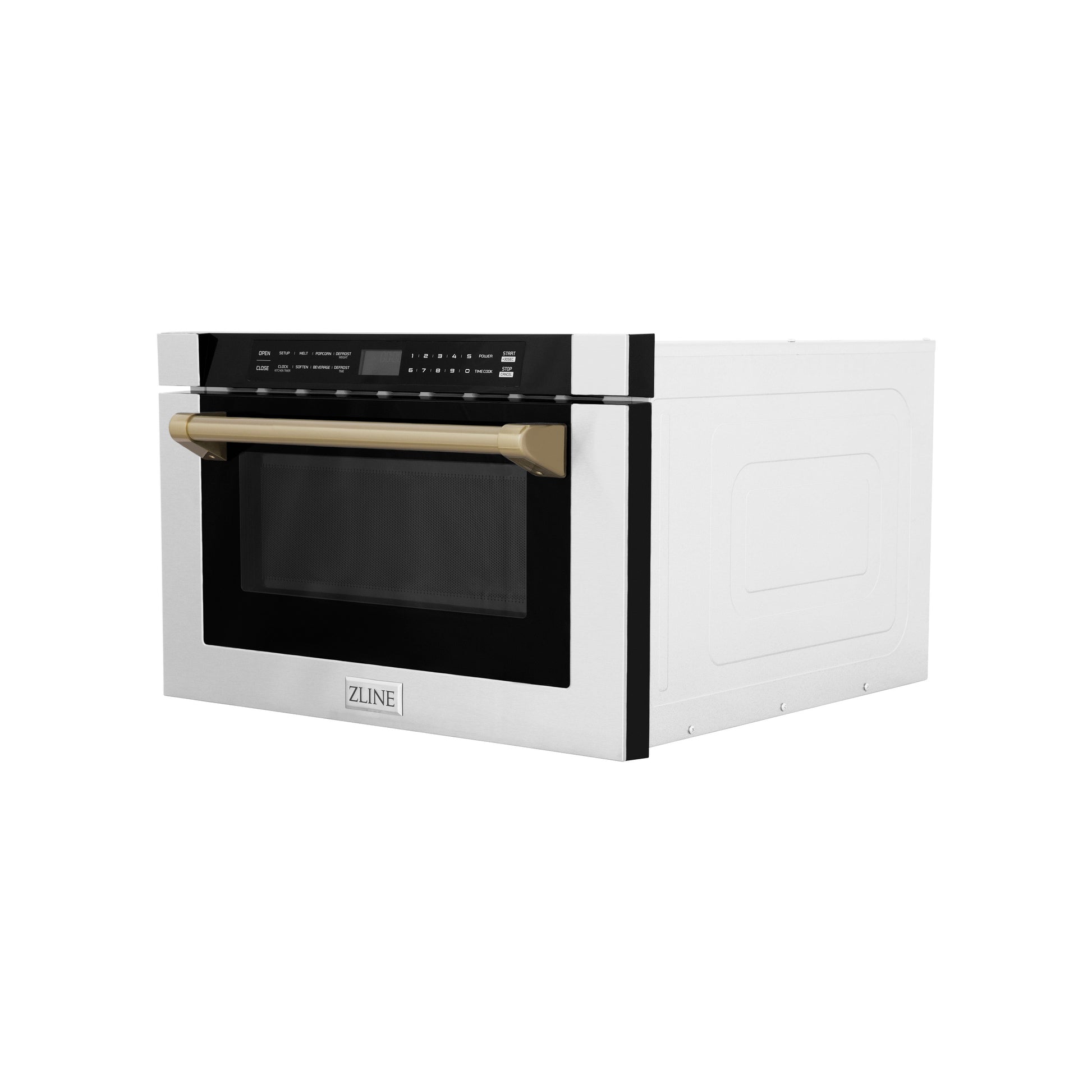 ZLINE Autograph Edition 24 in. 1.2 cu. ft. Built-in Microwave Drawer with a Traditional Handle in Stainless Steel and Champagne Bronze Accents (MWDZ-1-H-CB) side, closed.