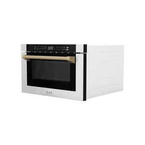 ZLINE Autograph Edition 24 in. 1.2 cu. ft. Built-in Microwave Drawer with a Traditional Handle in Stainless Steel and Champagne Bronze Accents (MWDZ-1-H-CB) side, closed.