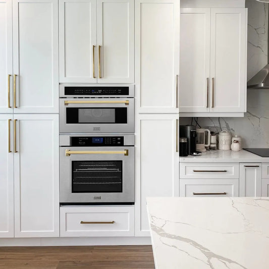 ZLINE Autograph Edition 30 in. 1.6 cu ft. Built-in Convection Microwave Oven in Satin Stainless Steel and Polished Gold Accents (MWOZ-30-SS-G) in a luxury kitchen.