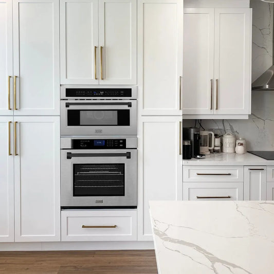 ZLINE Autograph Edition 30 in. 1.6 cu ft. Built-in Convection Microwave Oven in Satin Stainless Steel and Matte Black Accents (MWOZ-30-SS-MB) in a luxury kitchen.