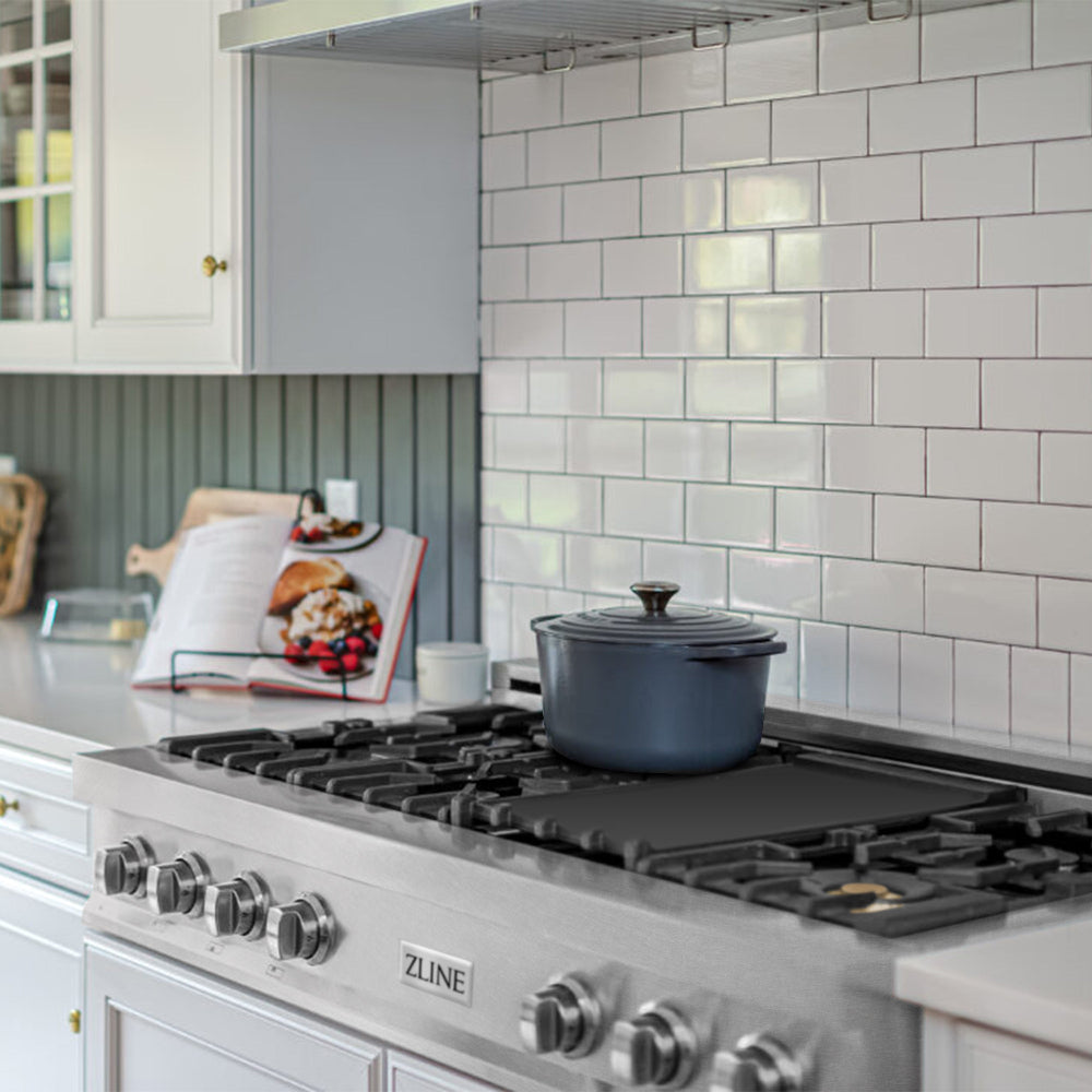 Designer kitchen with ZLINE 48 in. Legacy Gas Rangetop with 6 Brass Burners and Porcelain Cooktop in Satin Stainless Steel (RTS-BR-48) and tiled backsplash.