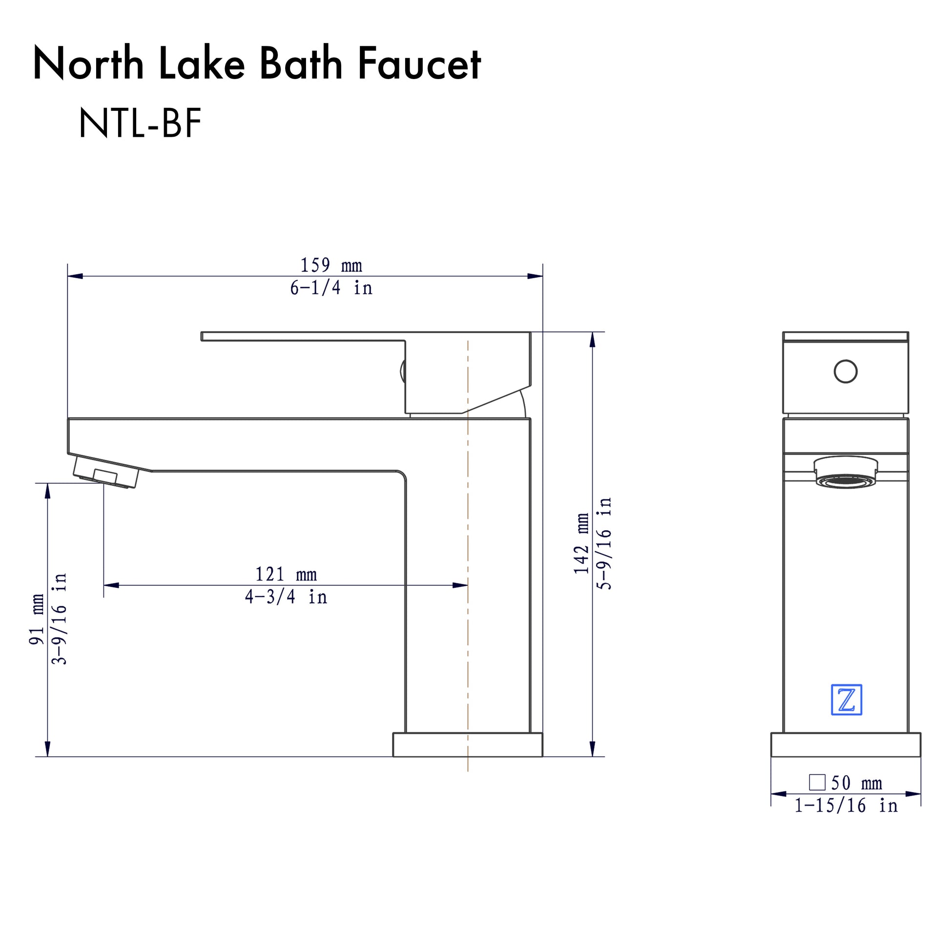 ZLINE North Lake Single Handle Bath Faucet in Chrome (NTL-BF-CH) dimensional diagram.