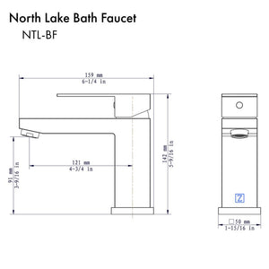 ZLINE North Lake Single Handle Bath Faucet in Chrome (NTL-BF-CH) dimensional diagram.