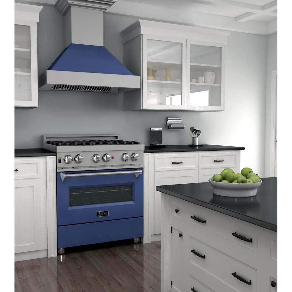 ZLINE 30 in. 4.0 cu. ft. Legacy Dual Fuel Range with 4 Burner Gas Cooktop and Electric Convection Oven in Satin Stainless Steel and Blue Matte Door (RAS-BM-30)
