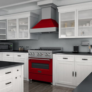 ZLINE 36 in. 4.6 cu. ft. Legacy Dual Fuel Range with 6 Burner Gas Cooktop and Electric Convection Oven in Satin Stainless Steel and Red Gloss Door (RAS-RG-36)