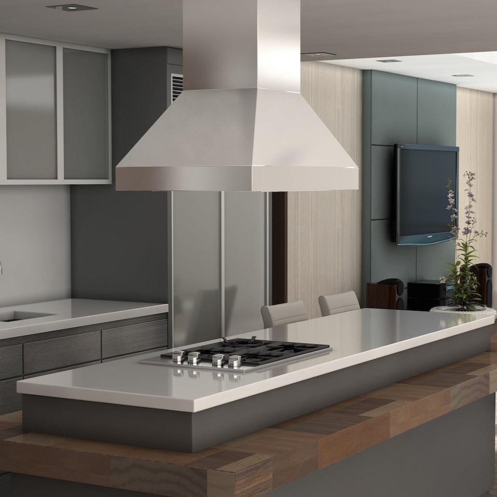 ZLINE Ducted Island Mount Range Hood in Stainless Steel (597i) in a modern kitchen rendering