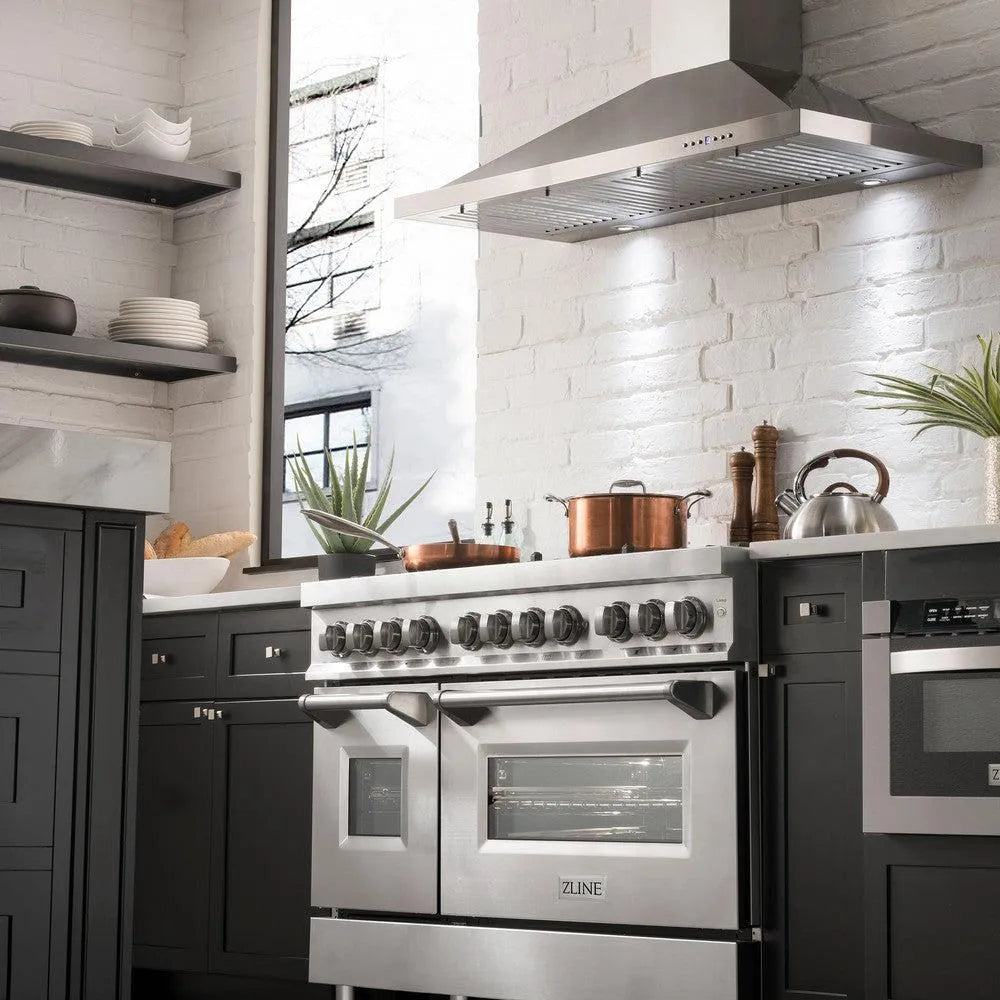 ZLINE 48 in. 6.0 cu. ft. Legacy Dual Fuel Range with Gas Cooktop and 2 Electric Ovens in Stainless Steel with Brass Burners (RA-BR-48) in a luxury apartment kitchen.