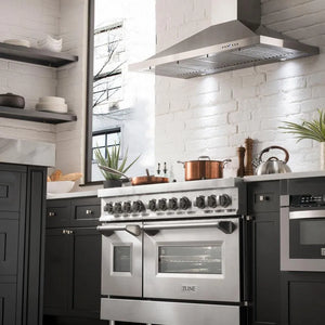 ZLINE 48 in. 6.0 cu. ft. Legacy Dual Fuel Range with Gas Cooktop and 2 Electric Ovens in Stainless Steel with Brass Burners (RA-BR-48) in a luxury apartment kitchen.