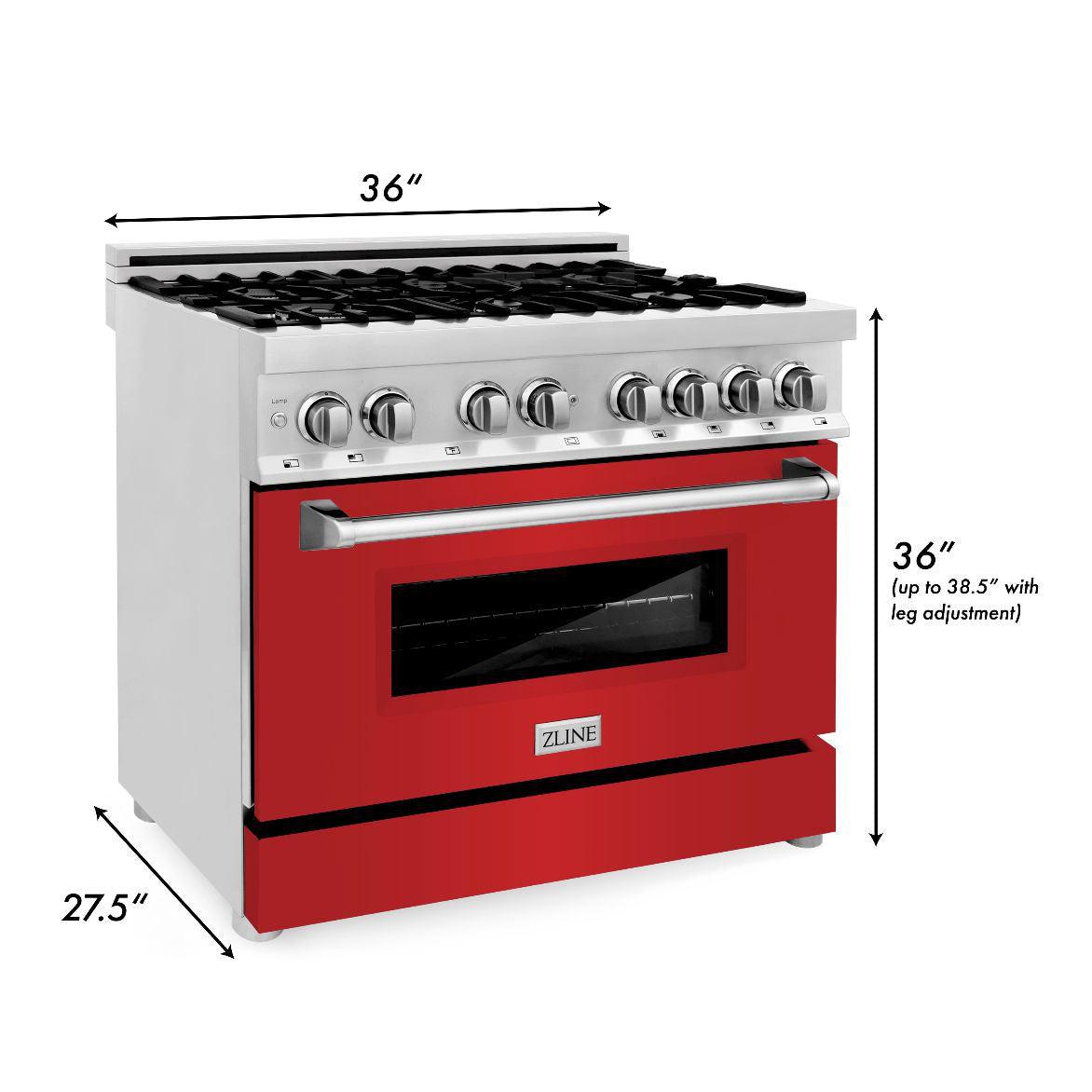 ZLINE 36 in. Dual Fuel Range with Gas Stove and Electric Oven in Stainless Steel with Red Matte Door (RA-RM-36) dimensions for installation