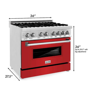 ZLINE 36 in. 4.6 cu. ft. Legacy Dual Fuel Range with 6 Burner Gas Cooktop and Electric Convection Oven in Stainless Steel and Red Matte Door (RA-RM-36) dimensional diagram.
