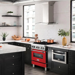 ZLINE 30 in. 4.0 cu. ft. Legacy Dual Fuel Range with 4 Burner Gas Cooktop and Electric Convection Oven in Stainless Steel and Red Matte Door (RA-RM-30) in a luxury kitchen.