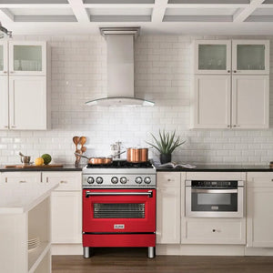 ZLINE 30 in. 4.0 cu. ft. Legacy Dual Fuel Range with 4 Burner Gas Cooktop and Electric Convection Oven in Stainless Steel and Red Matte Door (RA-RM-30) in a luxury kitchen.