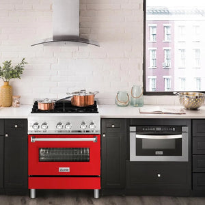 ZLINE 30 in. 4.0 cu. ft. Legacy Dual Fuel Range with 4 Burner Gas Cooktop and Electric Convection Oven in Stainless Steel and Red Matte Door (RA-RM-30) in a luxury kitchen.