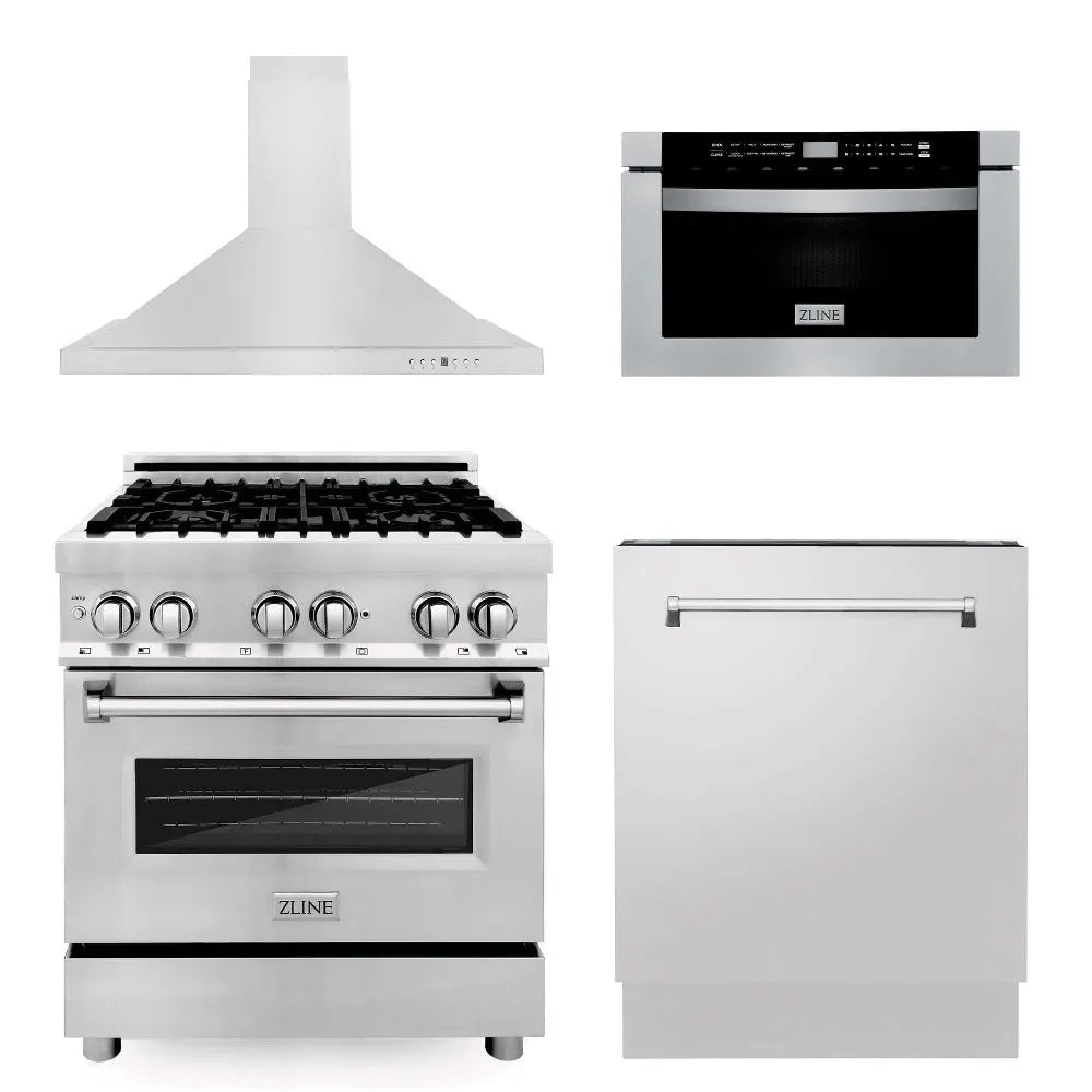 ZLINE 30 in. Kitchen Package with Stainless Steel Dual Fuel Range, Range Hood, Microwave Drawer and Tall Tub Dishwasher (4KP-RARH30-MWDWV) main image.