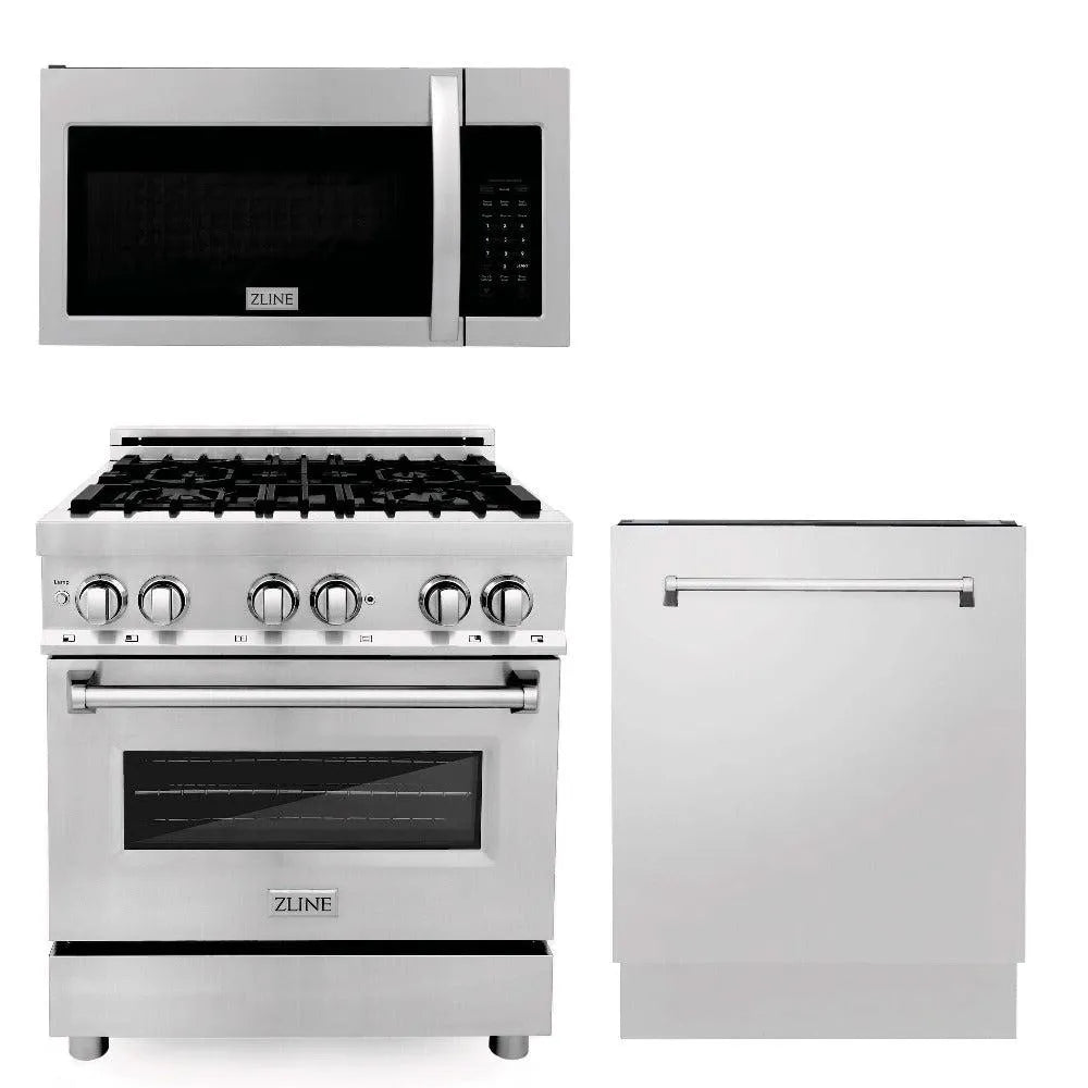 ZLINE 30 in. Kitchen Package with Stainless Steel Dual Fuel Range, Modern Over The Range Microwave and Tall Tub Dishwasher (3KP-RAOTR30-DWV) main image.