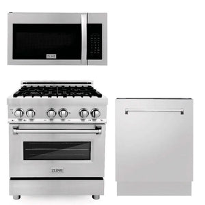 ZLINE 30 in. Kitchen Package with Stainless Steel Dual Fuel Range, Modern Over The Range Microwave and Tall Tub Dishwasher (3KP-RAOTR30-DWV) main image.