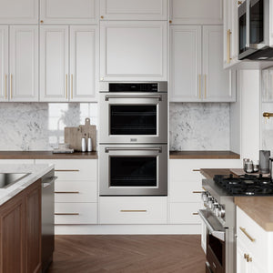 ZLINE 30 in. Professional True Convection Double Wall Oven with Air Fry and Self Clean in Stainless Steel (WAD-30) in a luxury kitchen.