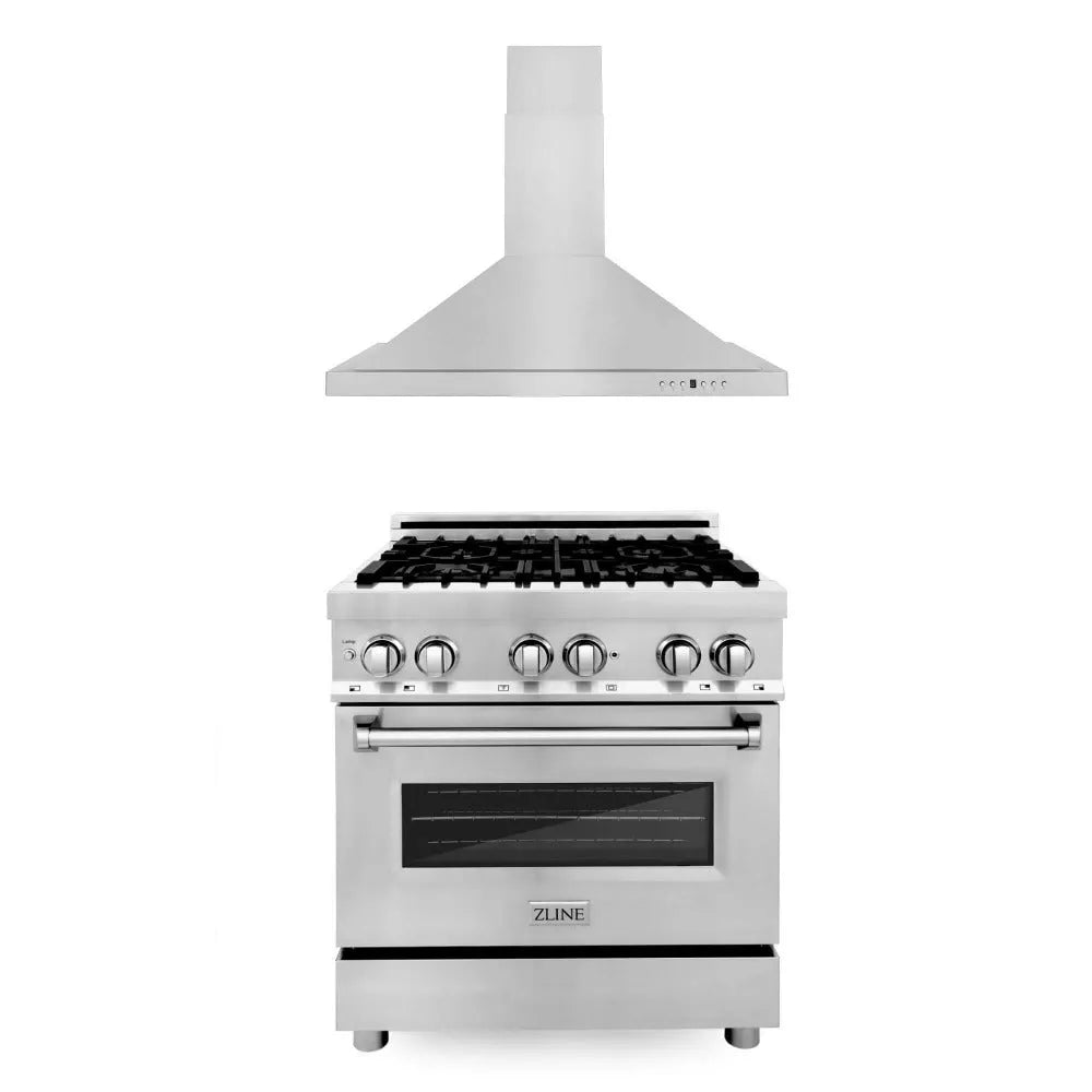 ZLINE 30 in. Kitchen Package with Stainless Steel Dual Fuel Range and Convertible Vent Range Hood (2KP-RARH30) main image.