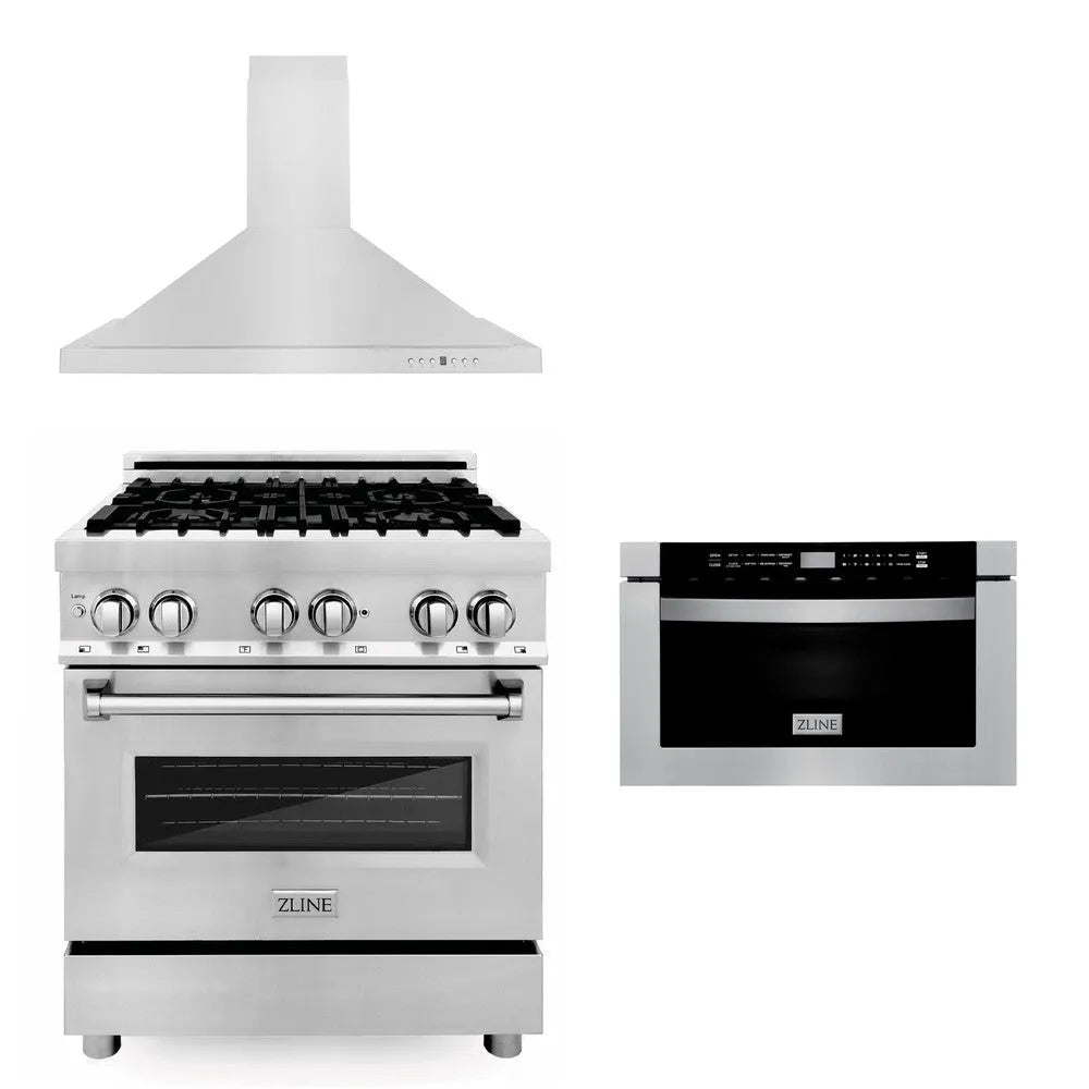 ZLINE 30 in. Kitchen Package with Stainless Steel Dual Fuel Range, Convertible Vent Range Hood and Microwave Drawer (3KP-RARH30-MW) main image.