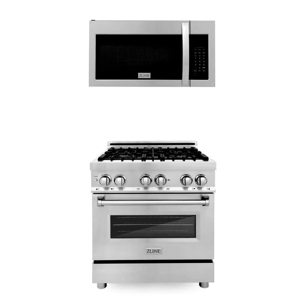 ZLINE 30 in. Kitchen Package with Stainless Steel Dual Fuel Range and Over The Range Microwave with Modern Handle (2KP-RAOTR30) main image.