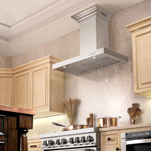 Rustic kitchen with ZLINE 48 in. CrownSound™ Ducted Vent Wall Mount Range Hood in Stainless Steel with Built-in Bluetooth Speakers (KECRN-BT-48), range, and wooden cabinets.