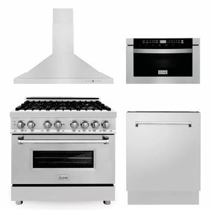 ZLINE 36 in. Kitchen Package with Stainless Steel Dual Fuel Range, Range Hood, Microwave Drawer and Tall Tub Dishwasher (4KP-RARH36-MWDWV) main image.