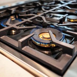 ZLINE 36 in. 4.6 cu. ft. Legacy Dual Fuel Range with 6 Burner Gas Cooktop and Electric Convection Oven in Stainless Steel (RA36) brass burner on.