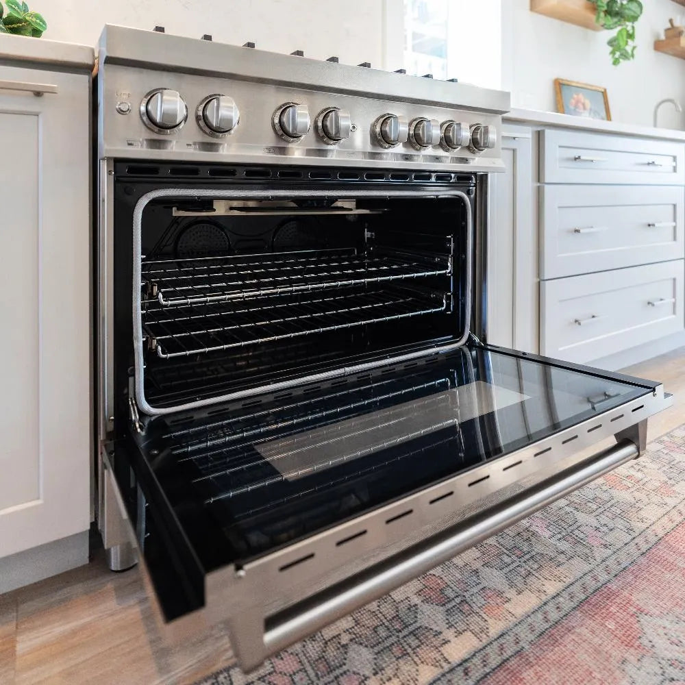 ZLINE 36 in. 4.6 cu. ft. Legacy Dual Fuel Range with 6 Burner Gas Cooktop and Electric Convection Oven in Stainless Steel (RA36) oven open in kitchen.