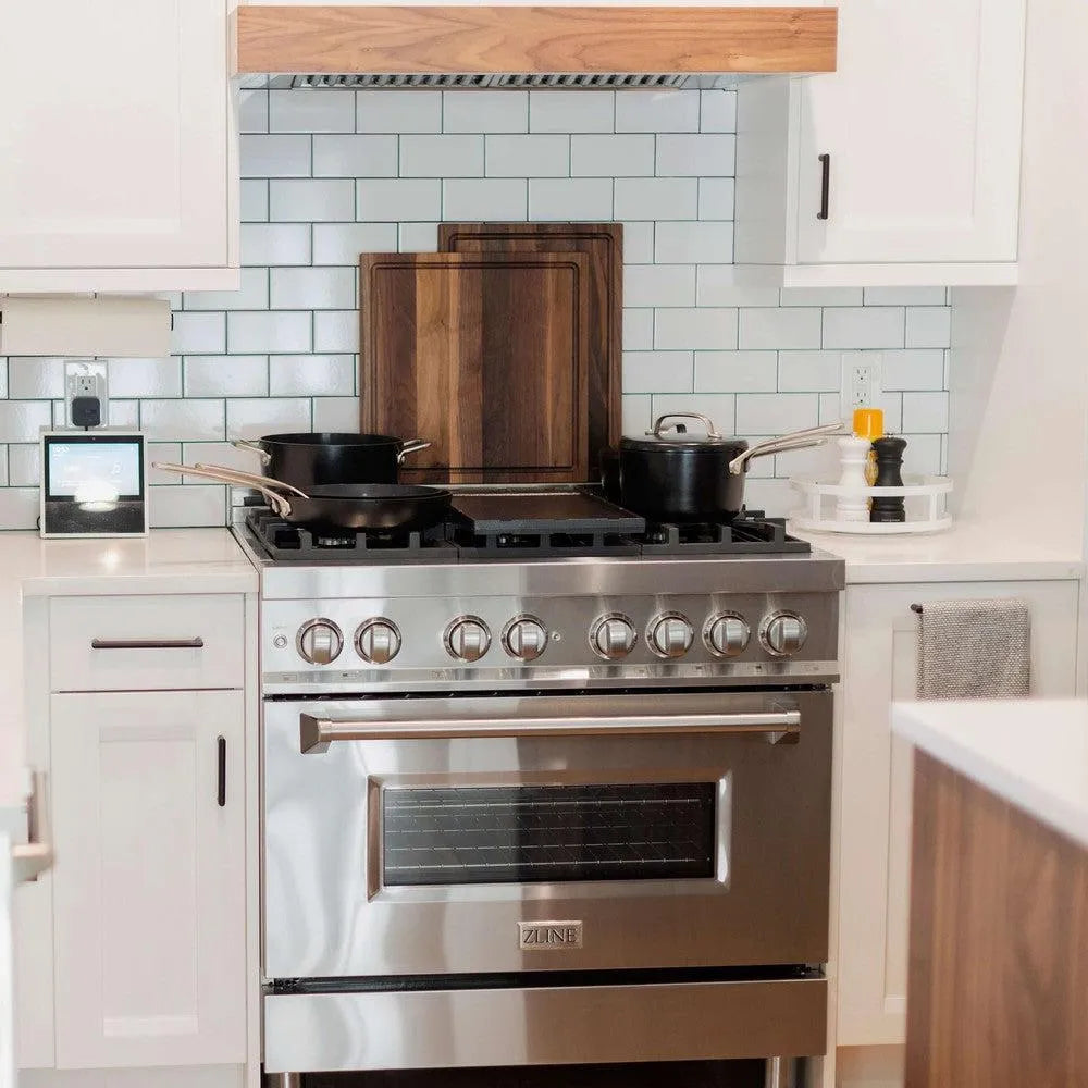 ZLINE 36 in. Dual Fuel Range with Gas Stove and Electric Oven in Stainless Steel (RA36) in a farmhouse-style kitchen.