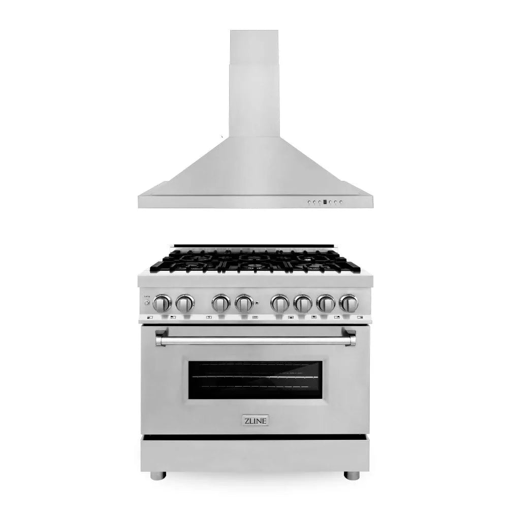 ZLINE 36 in. Kitchen Package with Stainless Steel Dual Fuel Range and Convertible Vent Range Hood (2KP-RARH36) main image.