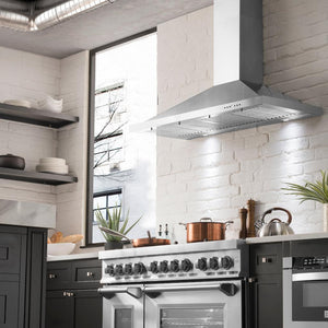 ZLINE 48-inch Convertible Vent Wall Mount Range Hood in Stainless Steel (KB-48) in a luxury apartment kitchen above matching range
