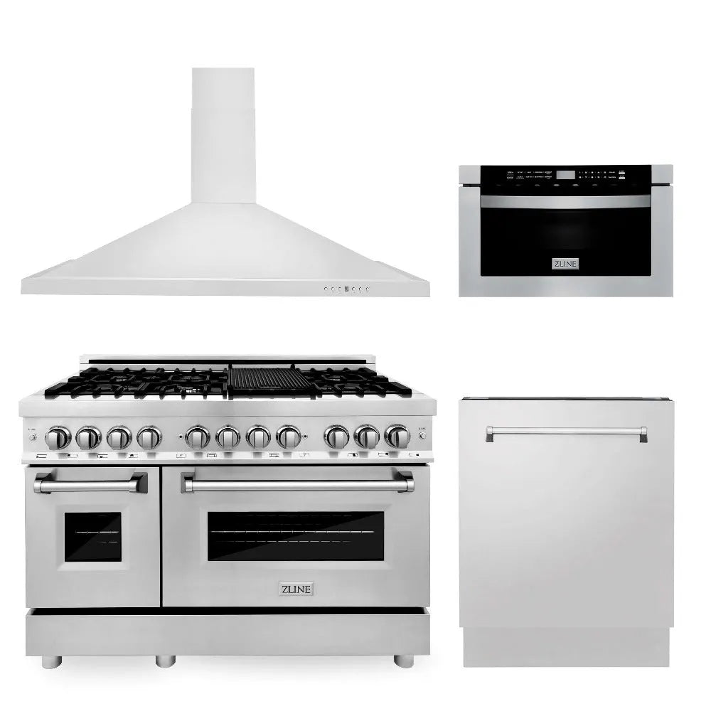 ZLINE 48 in. Kitchen Package with Stainless Steel Dual Fuel Range, Range Hood, Microwave Drawer and Tall Tub Dishwasher (4KP-RARH48-MWDWV) main image.
