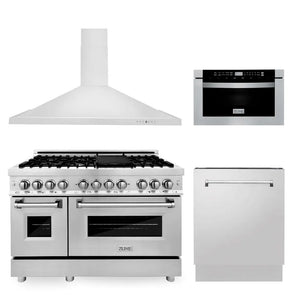 ZLINE 48 in. Kitchen Package with Stainless Steel Dual Fuel Range, Range Hood, Microwave Drawer and Tall Tub Dishwasher (4KP-RARH48-MWDWV) main image.