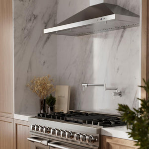 ZLINE Gemini Pot Filler in Chrome (GEM-FPF-CH) in a modern farmhouse-style kitchen above large range, close-up.