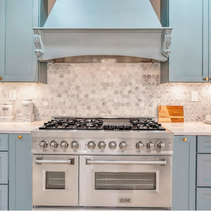 ZLINE 48 in. 6.0 cu. ft. Legacy Dual Fuel Range with 7 Burner Gas Cooktop and 2 Electric Ovens in Stainless Steel (RA48) in a luxury kitchen.