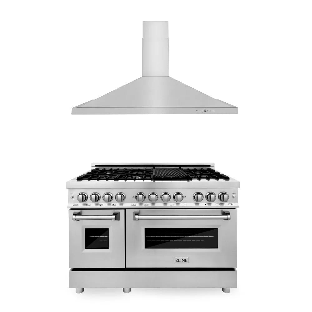ZLINE 48 in. Kitchen Package with Stainless Steel Dual Fuel Range and Convertible Vent Range Hood (2KP-RARH48) main image.