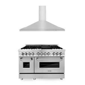 ZLINE 48 in. Kitchen Package with Stainless Steel Dual Fuel Range and Convertible Vent Range Hood (2KP-RARH48) main image.