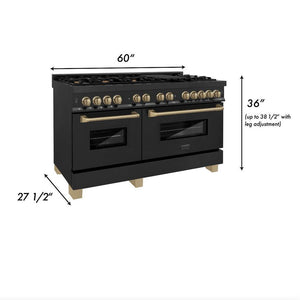 ZLINE Autograph Edition 60 in. 7.4 cu. ft. Legacy Dual Fuel Range with 9 Burner Gas Cooktop and 2 Electric Convection Ovens in Black Stainless Steel and Champagne Bronze Accents (RABZ-60-CB) dimensional diagram.