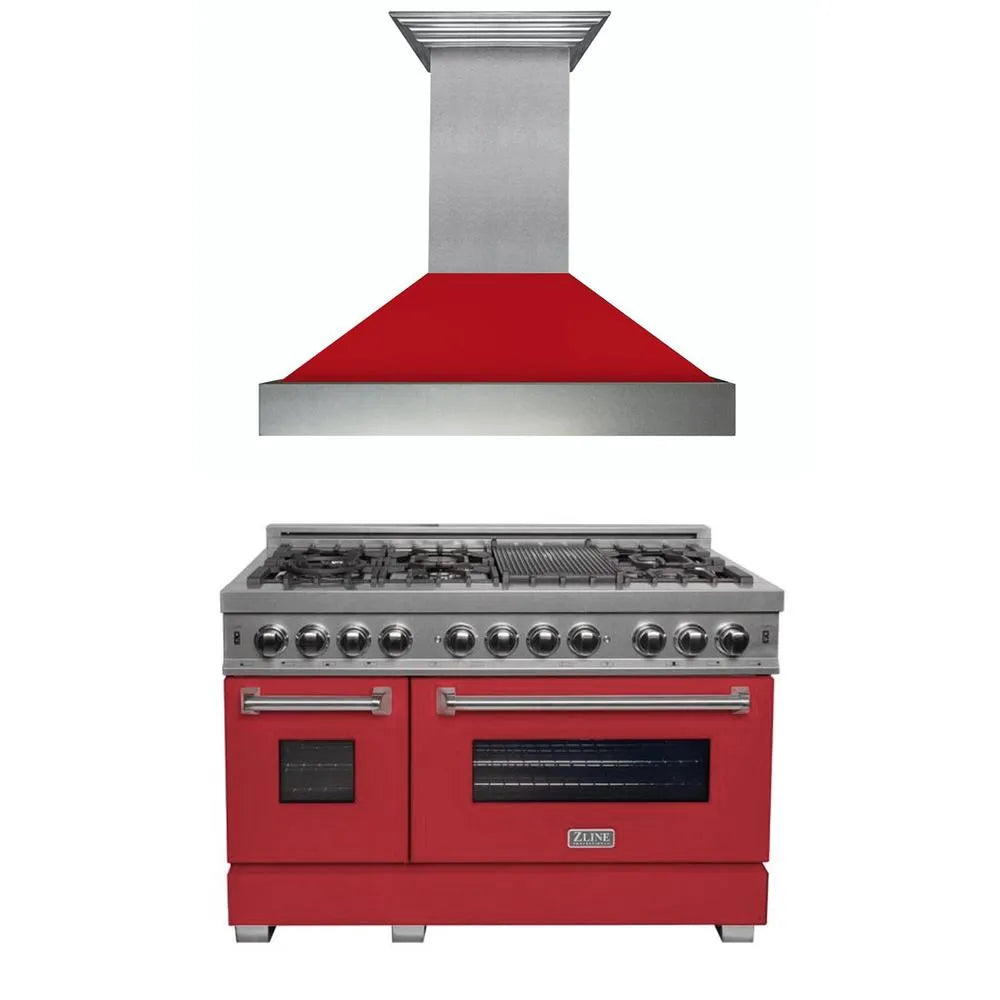 ZLINE 48 in. Kitchen Package with Satin Stainless Steel Dual Fuel Range with Red Matte Door and Convertible Vent Range Hood (2KP-RASRMRH48) main image.
