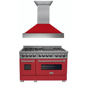 ZLINE 48 in. Kitchen Package with Satin Stainless Steel Dual Fuel Range with Red Matte Door and Convertible Vent Range Hood (2KP-RASRMRH48) main image.