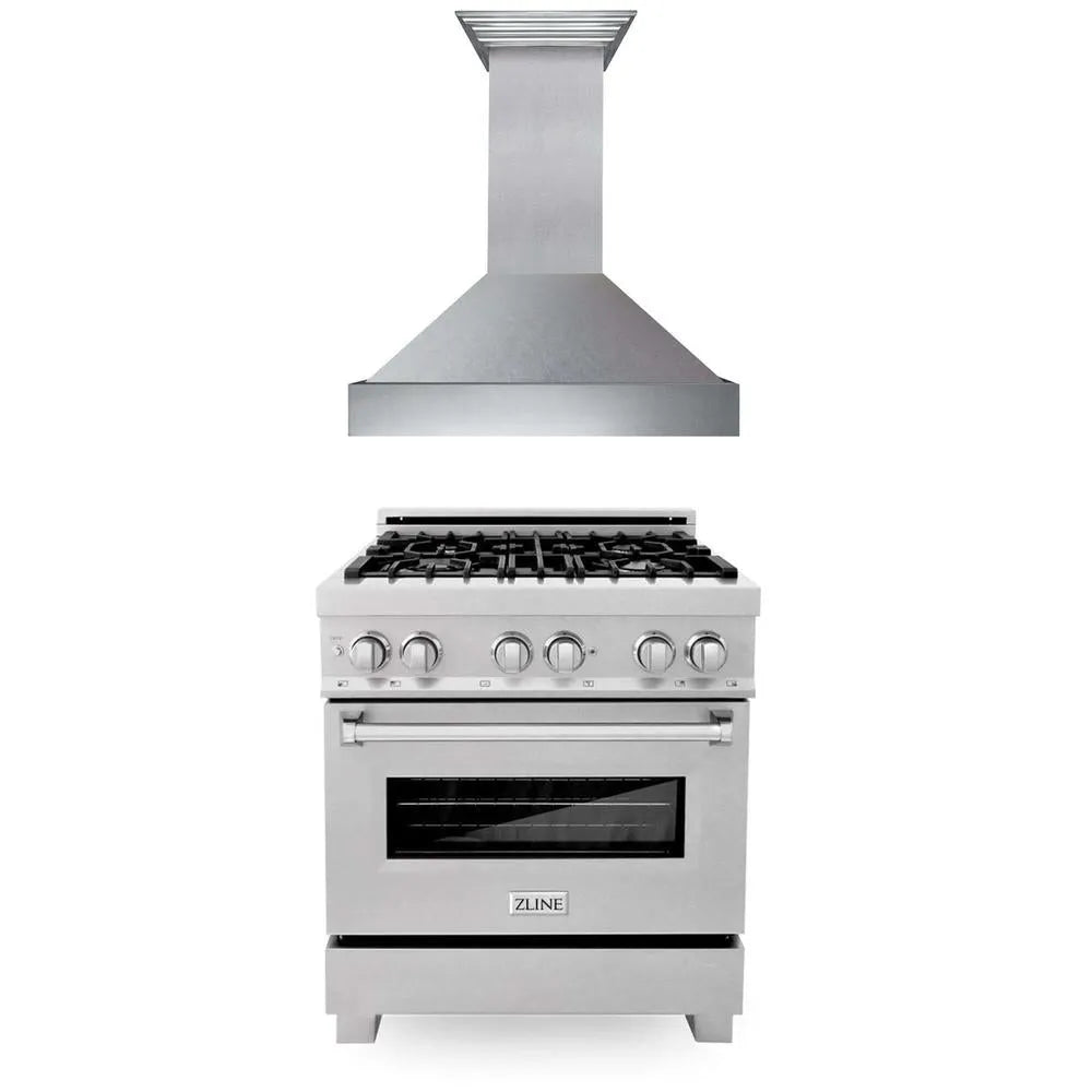 ZLINE 30 in. Kitchen Package with Satin Stainless Steel Dual Fuel Range and Convertible Vent Range Hood (2KP-RASSNRH30) main image.
