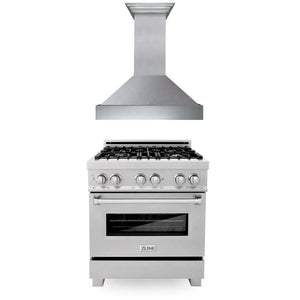 ZLINE 30 in. Kitchen Package with Satin Stainless Steel Dual Fuel Range and Convertible Vent Range Hood (2KP-RASSNRH30) main image.