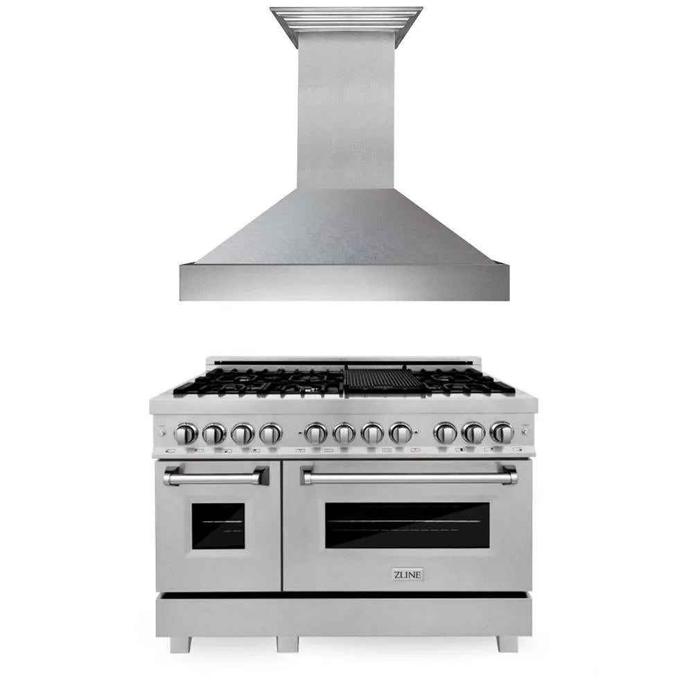 ZLINE 48 in. Kitchen Package with Satin Stainless Steel Dual Fuel Range and Convertible Vent Range Hood (2KP-RASSNRH48) main image.