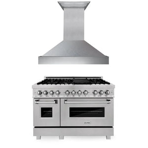 ZLINE 48 in. Kitchen Package with Satin Stainless Steel Dual Fuel Range and Convertible Vent Range Hood (2KP-RASSNRH48) main image.