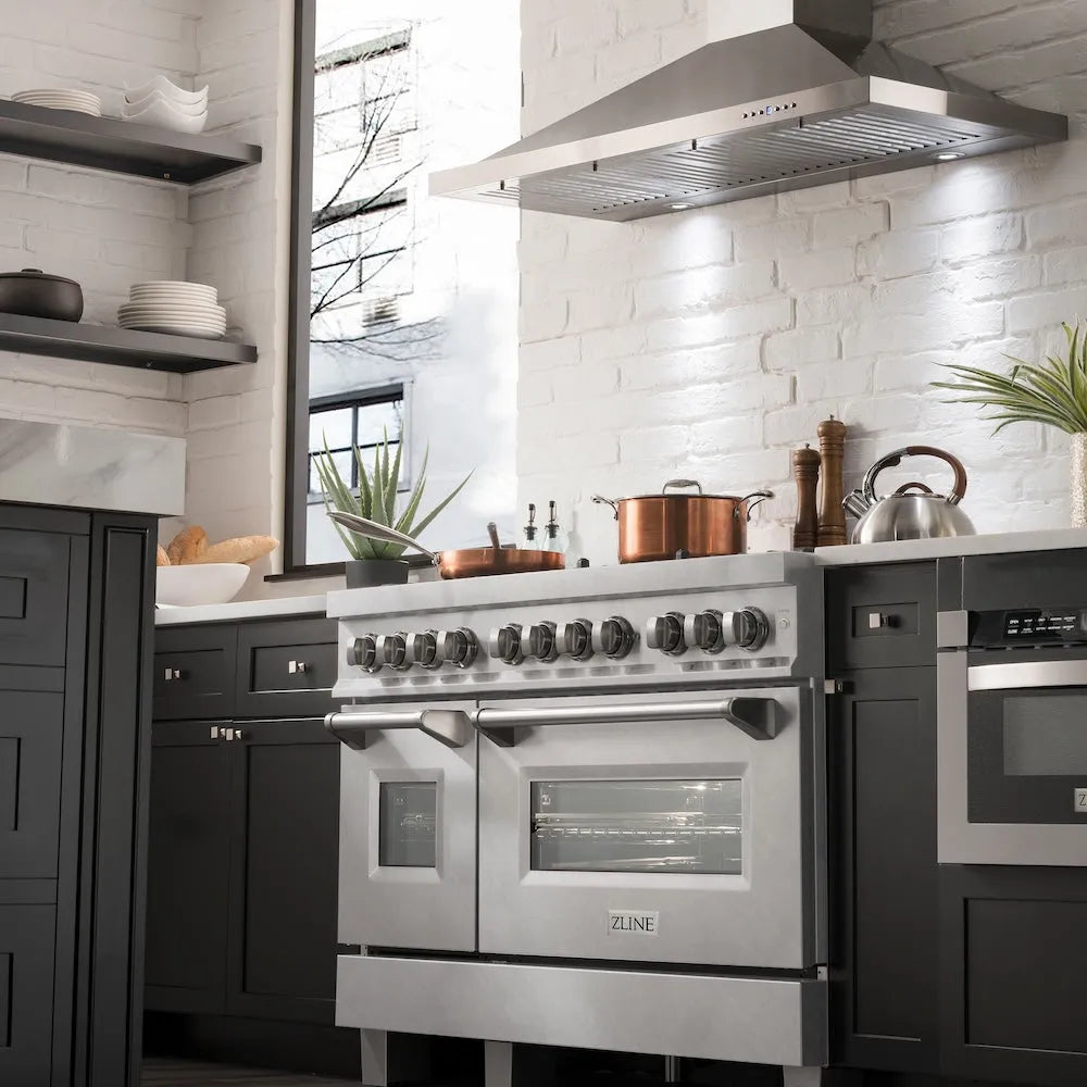 Modern kitchen with ZLINE 48 in. 6.0 cu. ft. Legacy Dual Fuel Range with Gas Cooktop and 2 Electric Ovens in Satin Stainless Steel with 6 Brass Burners (RAS-SN-BR-48) and black cabinets