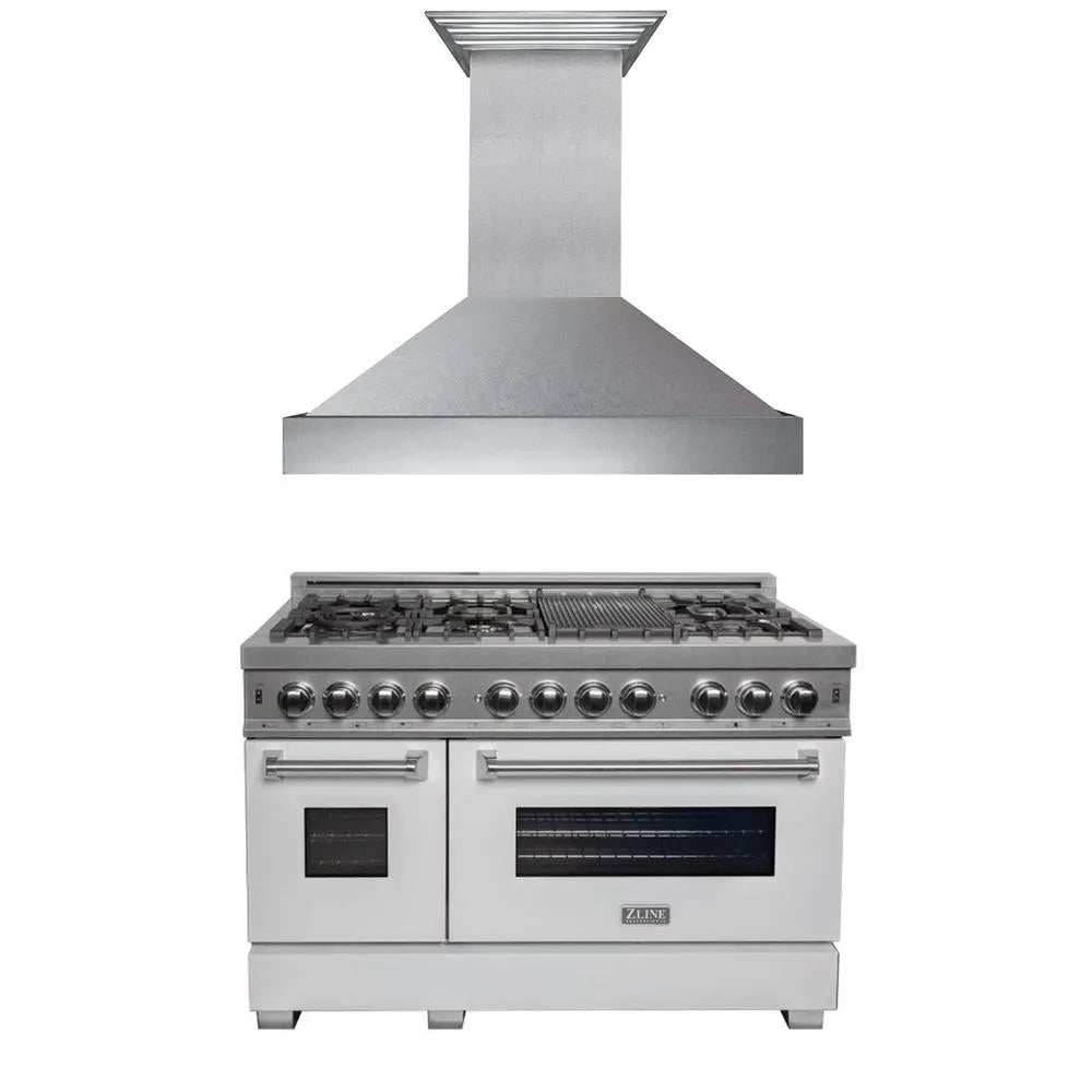 ZLINE 48 in. Kitchen Package with Satin Stainless Steel Dual Fuel Range with White Matte Door and Convertible Vent Range Hood (2KP-RASWMRH48) main image.