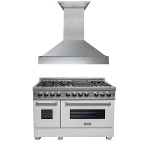 ZLINE 48 in. Kitchen Package with Satin Stainless Steel Dual Fuel Range with White Matte Door and Convertible Vent Range Hood (2KP-RASWMRH48) main image.