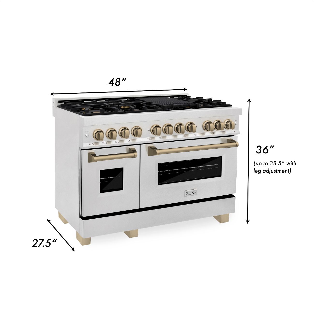 ZLINE Autograph Edition 48 in. 6.0 cu. ft. Dual Fuel Range with Gas Stove and Electric Oven in DuraSnow® Stainless Steel with Champagne Bronze Accents (RASZ-SN-48-CB) dimensions for installation